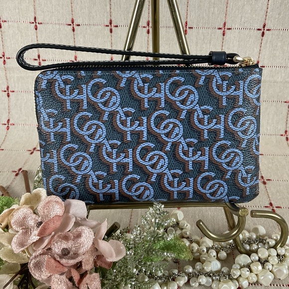 COACH Canvas & Leather Corner Zip Wristlet Small Wallet Clutch CF548 Navy Gold - Picture 2 of 5